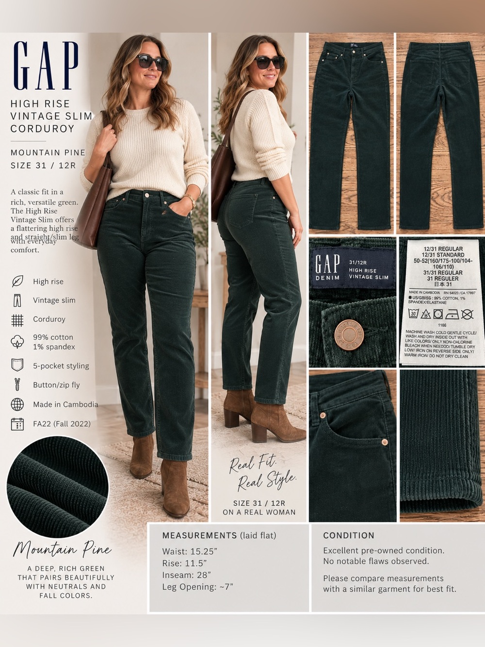 GAP High Rise Vintage Slim Corduroy Pants 31/12R Mountain Pine